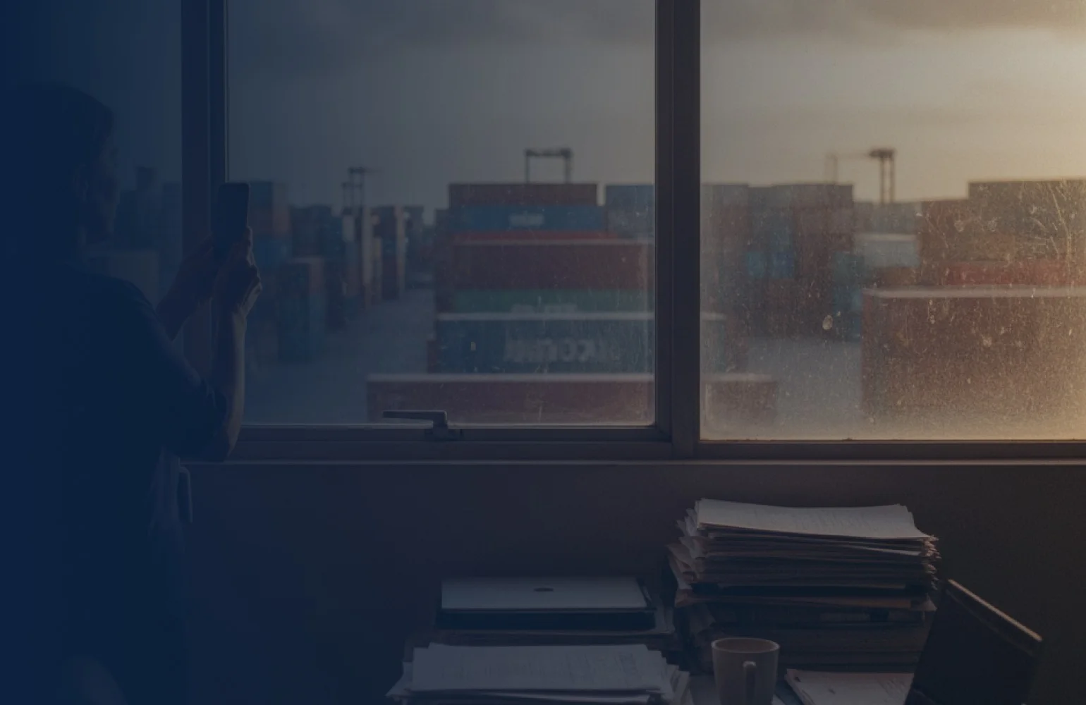 A logistics office buried in paperwork, a port stacked with containers beyond the window.